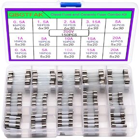 150pcs Quick Blow Glass Ceramic Tube Fuse Assorted Kit Amp 250V 0.5A, 1.5A, 2.5A, 3.15A, 5A, 6x30mm, 250V 1A, 5A, 10A, 15A, 20A, 5x20mm, 0.5A, 5A, 10A, 15A, 20A, 5x20mm, Ceramic Tube