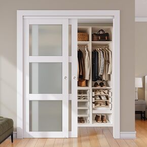 SMARTSTANDARD Sliding Closet Door, 72"×80"(Double Barn Doors 37"), Double Frosted 3 Panel Glass Sliding Door with Hardware Kit, Pre-Drilled Door Panel, Need to Assemble, MDF with PVC Surface, White
