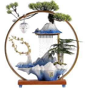 Tabletop Water Fountain with Mist, Indoor Waterfall Fountain with Round LED Light, Mist Maker and Incense Holder, Zen Meditation Fountain Home Office Decoration (Blue Large)