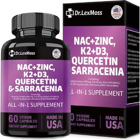 NAC Supplement N-Acetyl Cysteine 1000mg Vitamin D3 K2 Zinc Quercetin 1000mg Sarracenia Purpurea 1000mg with Elderberry Holy Basil Bee Propolis Bromelain L-Lysine for Men and Women,60 Count USA