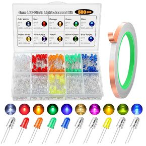 10 Colors 500 Pcs 5mm LED Light Emitting Diode Assorted Kit with 20M Self Adhesive Conductive Copper Foil Tape, Clear LED Light Emitting Diode Bulb LED Lamp for Science Project Experiment