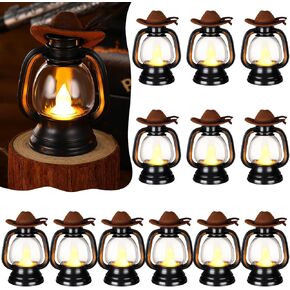 Ferraycle 12 Pcs Mini Cowboy Hats Lantern Decoration Western Cowgirl Lantern with LED Candle Small Brown Hanging Lantern Rustic Camping Table Centerpieces Decor for Wedding Birthday Party Supplies