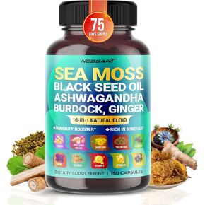 Sea Moss 15,000mg Supplement - 14-in-1 Natural Blend with Black Seed Oil Ashwagandha Burdock Bladderwrack Ginger Dandelion - 150 count - Made & Tested in The USA