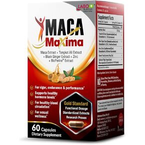 MacaMaxima Peruvian Maca Root, Tongkat Ali, Black Ginger, Zinc and Black Pepper Extract Supplement for Men and Women, Supports Reproductive Health, Energy, Stamina- Non-GMO, Vegan Pills