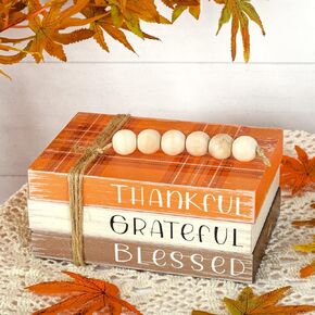 Whaline Fall Wooden Tiered Tray Decor Plaid Faux Decorative Stacked Books Bundle Thankful Grateful Blessed Wooden Block Sign with Beads for Autumn Farmhouse Rustic Decor Kitchen Home Table Decoration