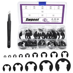 Swpeet 210Pcs 14 Sizes High Carbon Steel Steel Manganese Steel E-Clip with Tweezers Kit, M1.5 M2 M2.5 M3 M3.5 M4 M5 M6 M7 M8 M9 M10 M12 M15 External Retaining Rings Snap Ring E-Ring Circlip Rings Kit