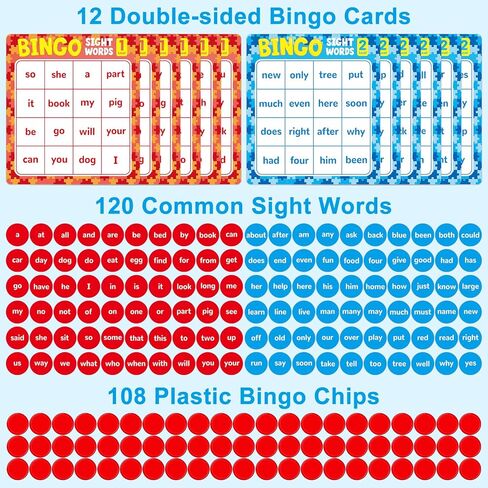 بطاقات ألعاب OUNENO Sight Word Bingo، 120 كلمة بصرية المستوى 1 و2 تعلم قراءة المفردات، قوائم كلمات Dolch's Fry للعبة المنزلية في الفصل الدراسي in Kuwait