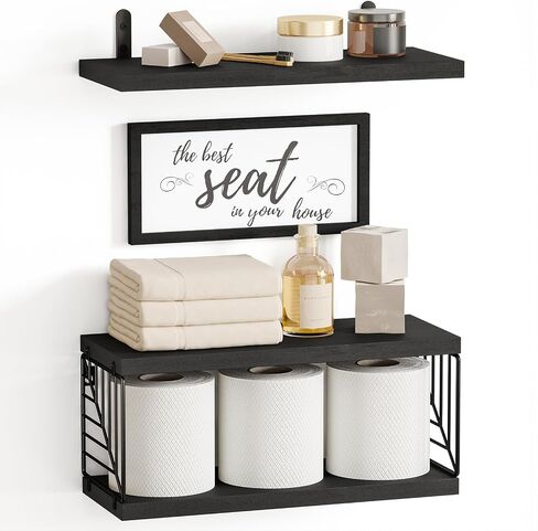 Fixwal Bathroom Floating Shelves for Wall Decor Over Toilet with Wooden Storage Basket Bathroom Pictures for Wall Decor - Black in Saudi Arabia