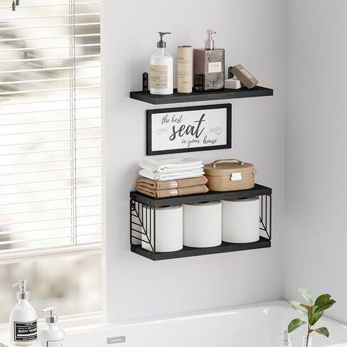 Fixwal Bathroom Floating Shelves for Wall Decor Over Toilet with Wooden Storage Basket Bathroom Pictures for Wall Decor - Black in Saudi Arabia