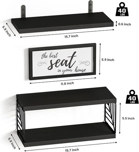 Fixwal Bathroom Floating Shelves for Wall Decor Over Toilet with Wooden Storage Basket Bathroom Pictures for Wall Decor - Black in Saudi Arabia