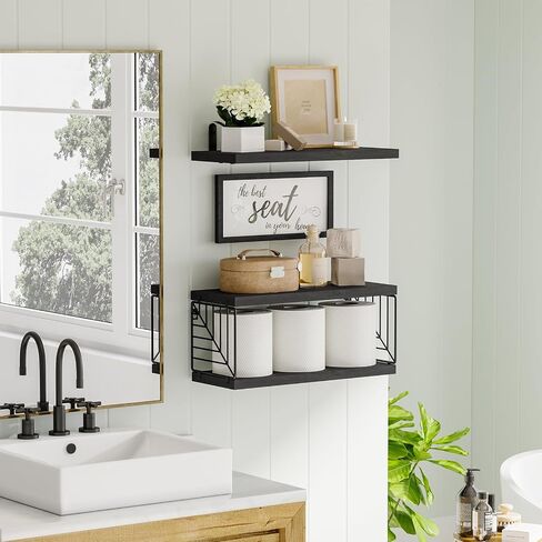 Fixwal Bathroom Floating Shelves for Wall Decor Over Toilet with Wooden Storage Basket Bathroom Pictures for Wall Decor - Black in Saudi Arabia