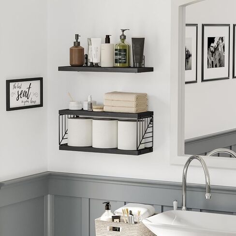 Fixwal Bathroom Floating Shelves for Wall Decor Over Toilet with Wooden Storage Basket Bathroom Pictures for Wall Decor - Black in Saudi Arabia