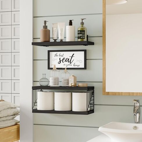 Fixwal Bathroom Floating Shelves for Wall Decor Over Toilet with Wooden Storage Basket Bathroom Pictures for Wall Decor - Black in Saudi Arabia