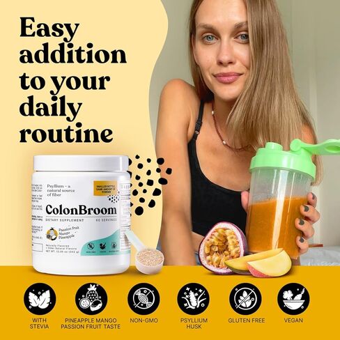مسحوق قشر سيلليوم من كولونبروم (فواكه استوائية، 120 حصة) - تطهير القولون لتخفيف الانتفاخ وصحة الأمعاء - مشروب مسحوق ألياف مكنسة القولون - مكمل مسحوق ألياف نباتي وخالي من الغلوتين in Kuwait