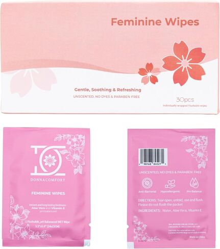 Flushable Feminine Wipes - PH balanced, Fragrance free | Sensitive Formula with Aloe Vera and Vitamin E (30 Individually wrapped singles) in Saudi Arabia