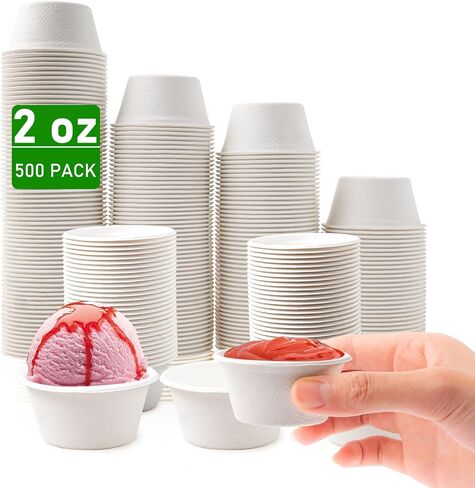 500 Pack Disposable Bagasse Fiber Souffle Cups,100% Compostable &Biodegradable Portion Cups 2 OZ, Condiment Sample Tasting Cups For Dips, Jams, Honey, Sauces,Nuts in Kuwait