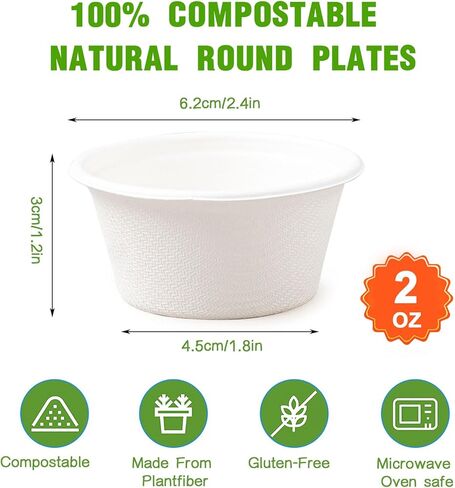 500 Pack Disposable Bagasse Fiber Souffle Cups,100% Compostable &Biodegradable Portion Cups 2 OZ, Condiment Sample Tasting Cups For Dips, Jams, Honey, Sauces,Nuts in Kuwait