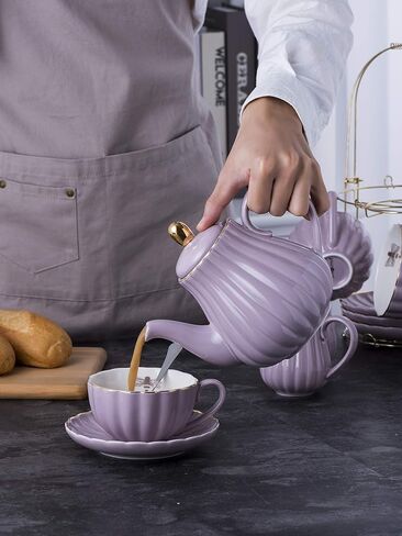 Jusalpha Fine China Pink Teapot and Creamer Sugar Bowl Set, TW (Purple) in Saudi Arabia