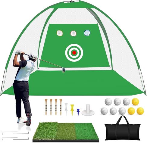 howtrue جولف ضرب صافي ممارسة الغولف صافي 10x7ft تدريب الغولف للفناء الخلفي القيادة التقطيع سوينغ مع متعددة تأثير الهدف ثلاثي العشب حصيرة المطاط المحملة ممارسة الكرة حمل حقيبة داخلي في الهواء الطلق هدية in Kuwait