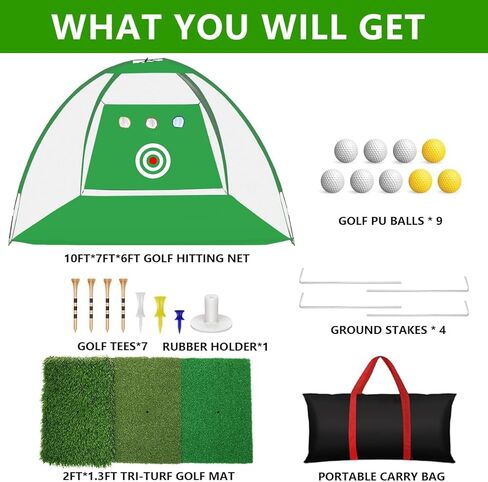 howtrue جولف ضرب صافي ممارسة الغولف صافي 10x7ft تدريب الغولف للفناء الخلفي القيادة التقطيع سوينغ مع متعددة تأثير الهدف ثلاثي العشب حصيرة المطاط المحملة ممارسة الكرة حمل حقيبة داخلي في الهواء الطلق هدية in Kuwait