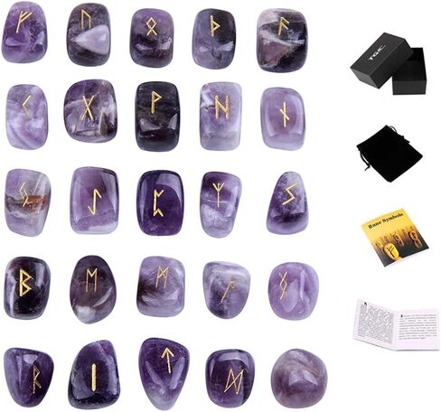 TGS Gems Amethyst Rune Stones Set Engraved Pagan Lettering with Instruction Booklet and Velvet Pouch in Saudi Arabia