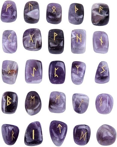TGS Gems Amethyst Rune Stones Set Engraved Pagan Lettering with Instruction Booklet and Velvet Pouch in Saudi Arabia