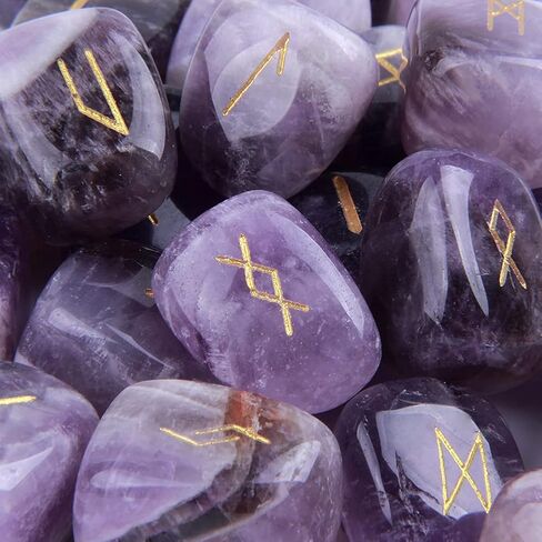 TGS Gems Amethyst Rune Stones Set Engraved Pagan Lettering with Instruction Booklet and Velvet Pouch in Saudi Arabia