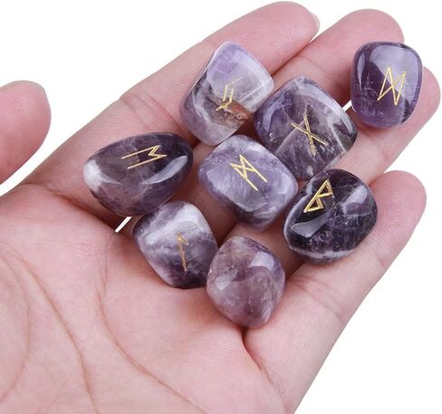 TGS Gems Amethyst Rune Stones Set Engraved Pagan Lettering with Instruction Booklet and Velvet Pouch in Saudi Arabia