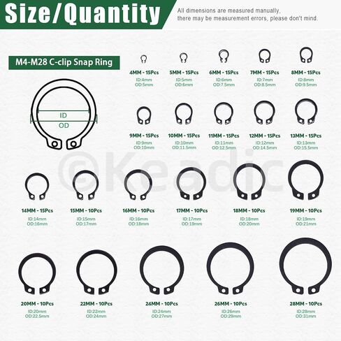 Keadic 266Pcs 21 Sizes Alloy Steel C-Clip External Retaining Rings Assortment Kit, [M4 to M28] Circlip Snap Rings C Clips for Grooved Shafts Pins Studs in Saudi Arabia
