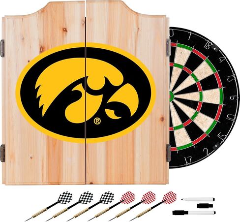 Trademark Global Dart Board Cabinet Set - University of Iowa Dart Board with 6 Steel Tip Darts, Scoreboard, Hanging Wood Cupboard in Saudi Arabia