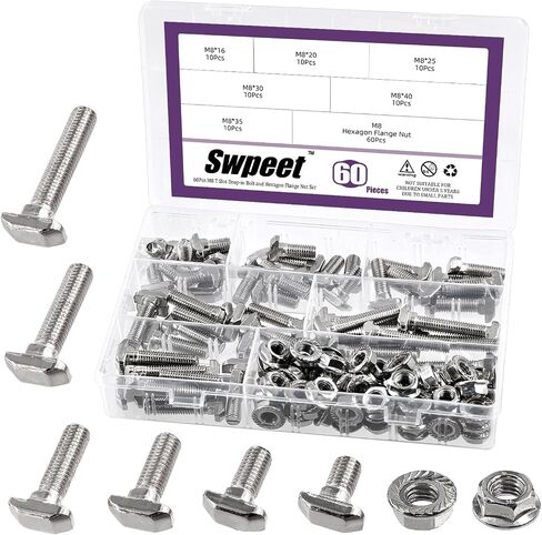 Swpeet 80Pcs 4 Sizes European Standard 20 Series M5 x 10/12/16/20mm T Slot Drop-in Bolt and Nickel M5 Flange Nut Assortment Kit, Thread T Slot, Drop-in Bolt T-Bolt, Hammer Head Bolt, T Screw Stud in Saudi Arabia