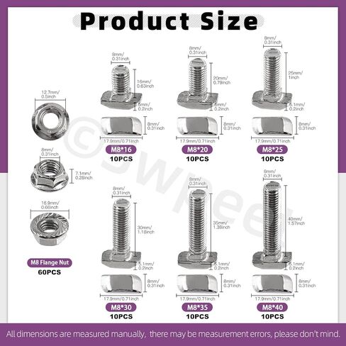 Swpeet 80Pcs 4 Sizes European Standard 20 Series M5 x 10/12/16/20mm T Slot Drop-in Bolt and Nickel M5 Flange Nut Assortment Kit, Thread T Slot, Drop-in Bolt T-Bolt, Hammer Head Bolt, T Screw Stud in Saudi Arabia