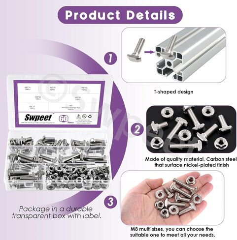 Swpeet 80Pcs 4 Sizes European Standard 20 Series M5 x 10/12/16/20mm T Slot Drop-in Bolt and Nickel M5 Flange Nut Assortment Kit, Thread T Slot, Drop-in Bolt T-Bolt, Hammer Head Bolt, T Screw Stud in Saudi Arabia