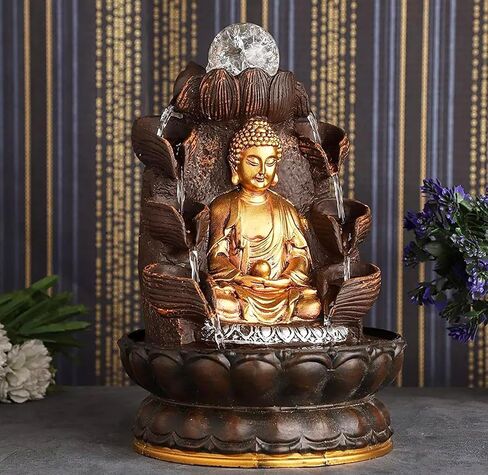 Buddha Tabletop Waterfall, 12" Relaxation Meditation Tabletop Zen Fountain, Buddha Fountain with Light & Rotating Ball for Home and Office Decor, Bring Good Luck (Aged Gold) in Saudi Arabia