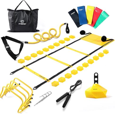 FitBeast Agility Ladder Agility Training Equipment | Includes Agility Ladder, 20 Cones, Resistance Rope, 4 Adjustable Hurdles, 5 Resistance Bands & Jump Rope, Agility Ladder Speed Training Equipment in Saudi Arabia