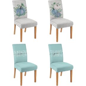 6 Pcs Fall Chair Covers for Dining Room, Thanksgiving Stretch Removable Dining Chair Cover Set of 6, Autumn Blue Pumpkin Chair Slipcovers Seat Protector for Fall Restaurant Decor