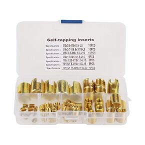 Threaded Inserts Kit, 50Pcs Brass Tone Self Tapping Thread Slotted Inserts Combination Set Repair Thread Tool with Storage Case M3 M4 M5 M6 M8 M10 Thread Inserts Set
