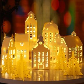 10 Pcs 3D White Winter Village Christmas Houses and Trees Lantern Paper Decoration White House Buildings with Light for Home Outdoor Christmas Village Decoration
