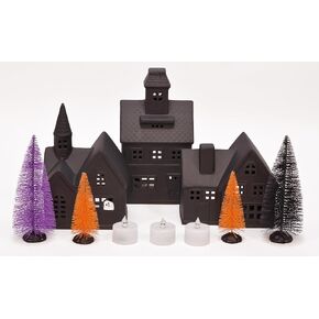 Mark Feldstein & Associates Black Porcelain Haunted Halloween LED Village, with Trees and Color Changing Tealights, 10 Piece Set