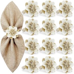 WINGFISH Burlap Flower Napkin Rings Set of 12 Farmhouse Boho Floral Napkin Rings Bulk for Dinning Table Decor Handmade Rustic Jute Fall Napkin Ring Holders for Party Gathering Banquet Wedding Birthday
