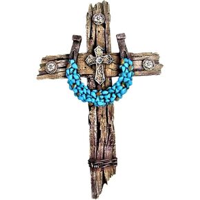 Rustic Drifted Wood Look Wall Cross with Turquoise Decor Horseshoe Spiritual Wall Art