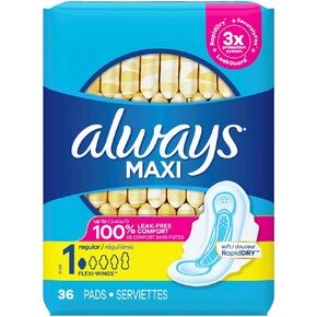 Always Maxi, Size 1, Regular Pads With Wings, Unscented, 36 Count