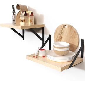Habudda Floating Shelves for Wall, Natural Wood Hanging Shelf, Wall Mounted Shelves for Bathroom Kitchen Living Room, 16 inches, 2 Set