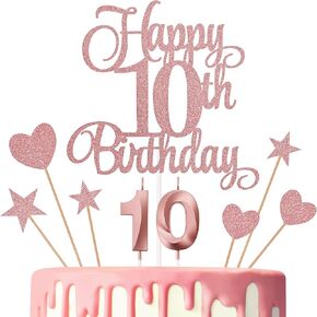 10th Birthday Cake Decorations, 10th Birthday Candles Cake Numeral Candles and Glitter Happy 10th Birthday Cake Toppers Set for Birthday Party Supplies (Rose Gold)