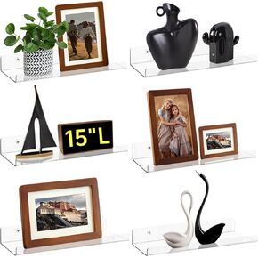 4 Pack Acrylic Shelves for Wall, 15" Clear Floating Shelves for Bathroom,Bedroom,Kitchen, Floating Wall Shelves for Wall Decor Display Book,Photo,Makeup, Mounted with Screwdriver