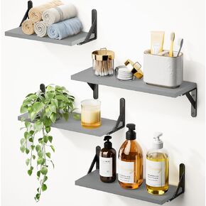 AMADA HOMEFURNISHING Floating Shelves Wall Mounted Set of 4, Wood Shelves for Wall Décor, Rustic Storage Shelf, Wall Shelves for Bedroom, Bathroom, Living Room, Kitchen, Office,Black