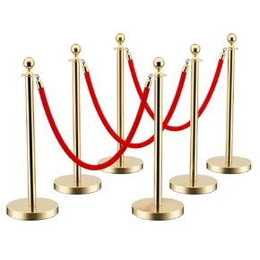 LOVMOR Stainless Steel Stanchion Post, 5 FT Red Carpet Ropes and Poles, 4 pcs Gold Stanchions with Red Rope, Hollow Base and Velvet Ropes Safety Barriers Set, Carpet Runner for Party
