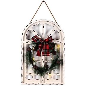Sunnygalde Indoor and Outdoor Wood Christmas Holiday Wall Hanging Door Decorations Wood Plaqu Signs Christmas Ornament, for Home, School, Office Including Wreath, Wooden Arch and Led Lights (White)