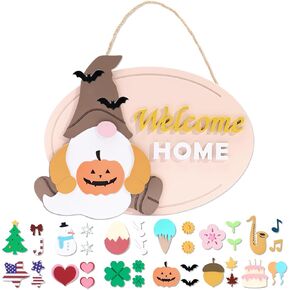 37Pcs Interchangeable Front Door Gnome Welcome Home Sign,Fall Thanksgiving Halloween Porch Decor,Wood Wall Hanging Wreath,12 Them Seasonal Christmas Decoration with 36 Magnet Pieces,House Warming Gift