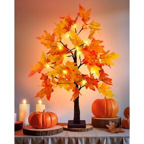 2 Pack 24 Inch Artificial Fall Lighted Maple Tree Fall Decor 24 LED Light Up Tabletop Maple Tree with 6 Pumpkins Timer for Autumn Home Harvest Thanksgiving Indoor Outdoor Decorations